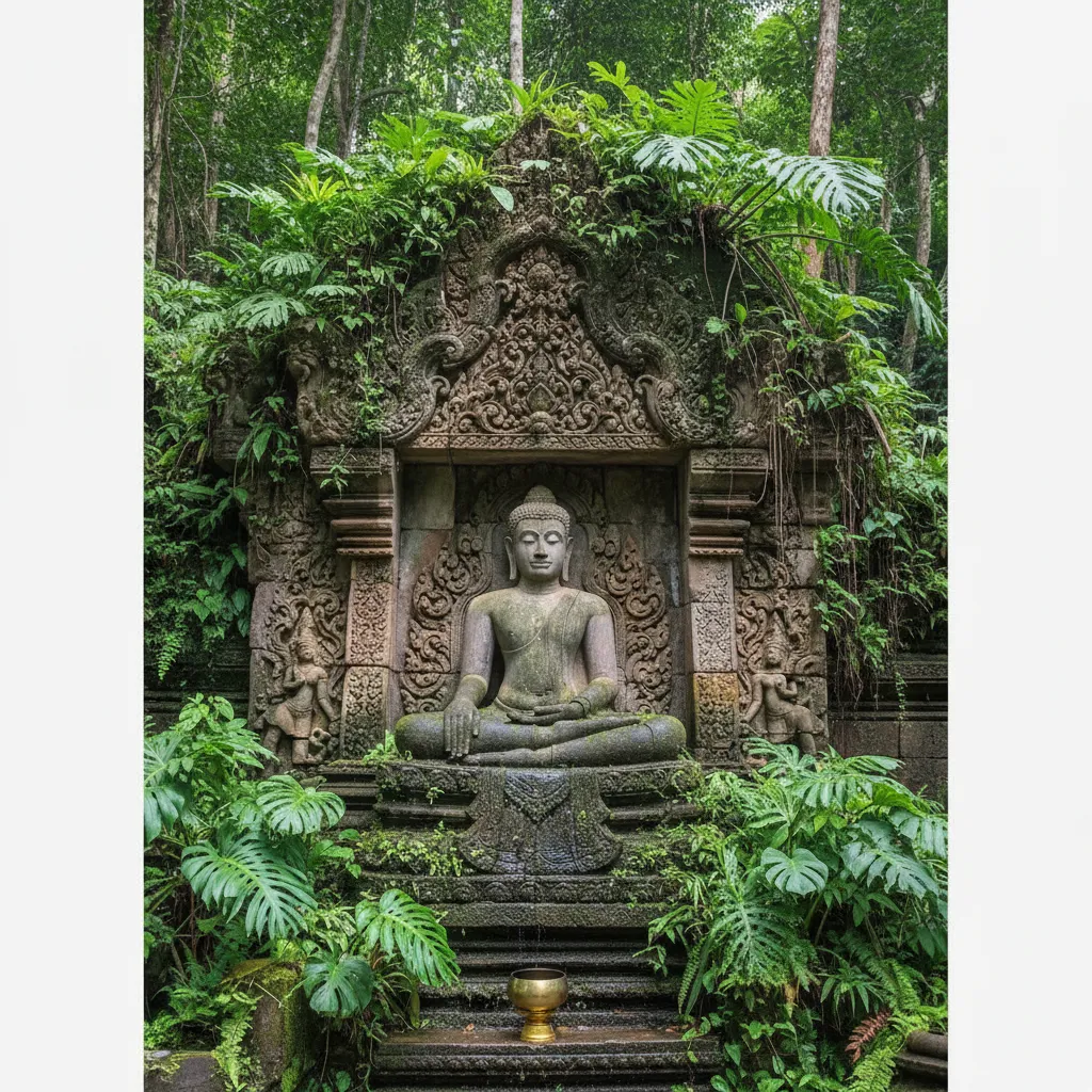 Intricate stone carvings and statues at Wat Pha Lat temple