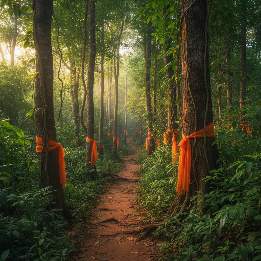 Orange monk robes tied to trees at the start of the Monk