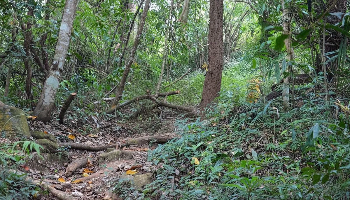 A vibrant orange monk's robe tied to a tree marking the hidden jungle trail to Wat Pha Lat temple in Chiang Mai.