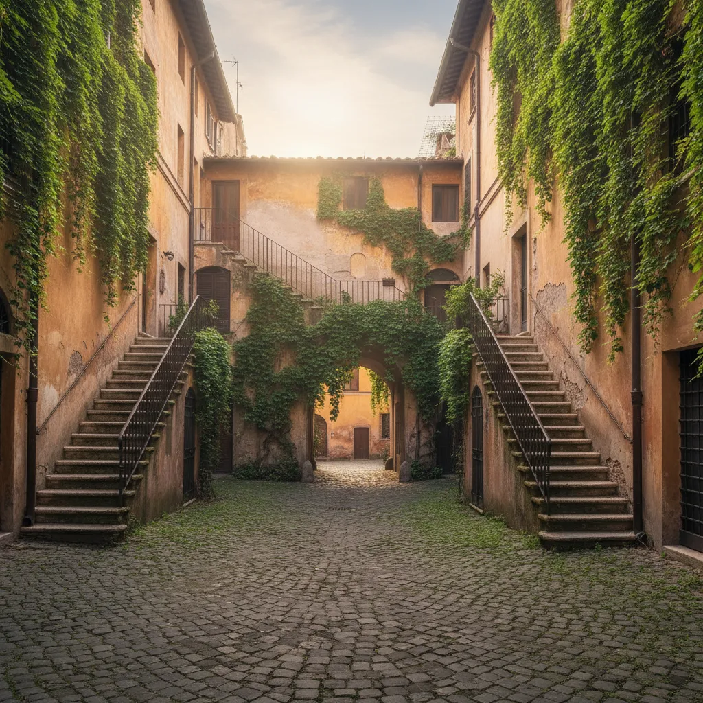 Picturesque view of Arco degli Acetari, a hidden medieval courtyard in Rome with ivy-draped ochre walls and cobblestones.